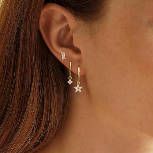 Gold Plated Earrings for Women, 14k Gold Plated Earring Stack Hypoallergenic Pearl Drop Earring Dainty Earrings for Women Trendy Cute Small Huggie Hoop Earring Fashion Womens Jewelry - color: flower set