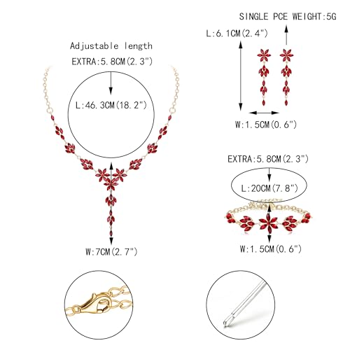 EVER FAITH Crystal Flower Wedding Prom Jewelry Set for Bride Bridesmaid | Rhinestone Costume Party Y-Shaped Necklace Dangle Earrings Bracelet, for Women - color: Red Gold-Tone