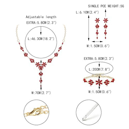 EVER FAITH Crystal Flower Wedding Prom Jewelry Set for Bride Bridesmaid | Rhinestone Costume Party Y-Shaped Necklace Dangle Earrings Bracelet, for Women - color: Red Gold-Tone