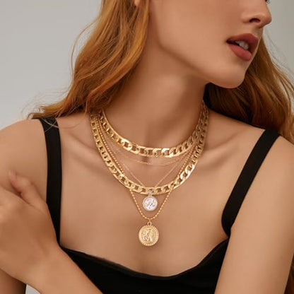 MJartoria Layered Necklaces for Women Trendy Retro Mother of Pearl Coin Letter Pendant Necklace Dainty Chunky Chain Choker Necklaces for Jewelry Birthday Gifts - style: M