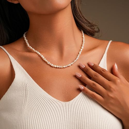 Natural Pearls Necklace, Freshwater Baroque Pearls Necklace for Women's Pearl Strand Choker Necklace 18K Gold Plated & S925 Sterling Silver Clasp White Necklace Chain - color: White, 4-5mm, Silver Clasp