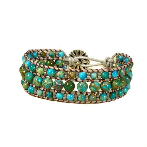 YGLINE Boho Handmade Natural Stone Bead 3 Row Wide Wrap Wrist Statment Bracelet Jewelry Collection - color: king jasper