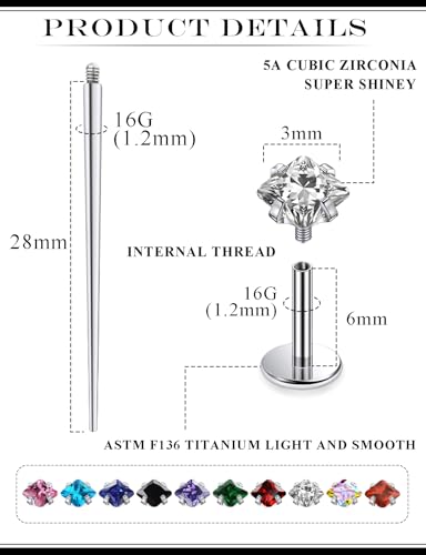 20G 18G 16G Astm F136 Titanium Internal Thread Flat Back Earrings Nose Studs Tragus Helix Conch Cartilage Lobe Earrings Medusa Labret Snake Bite Monroe Lip Ring Piercing Jewelry For Women Men - size: 16G-6MM Bar-CZ 3MM