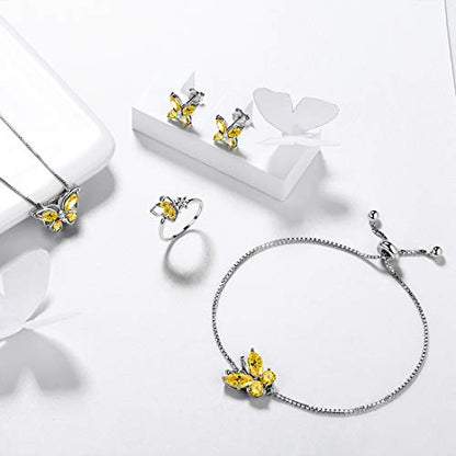 Aurora Tears Butterfly Jewelry,Women 925 Sterling Silver Butterflies Birthstone Pendant Necklace/Earrings/Rings Wedding Gift - color: K.November-set 3