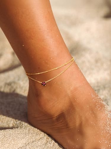 FindChic Bling Heart Birthstone Anklets Layered Beaded Ankle Bracelets for Women Gold/Black/Silver 12 Month Gem Colors Foot Chain Summer Jewelry for Girls, with Gift Box - color: Gold, style: 08. Aug.-Created Peridot(Prong Setting)