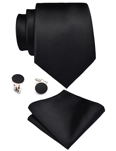 GUSLESON 3.15"（8cm） Solid Color Necktie and Pocket Square Cufflinks Sets For Men + Gift Box - color: Black