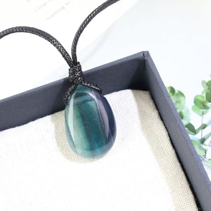 Natural Gemstone Pendant Necklace Healing Crystal Stone Choker Necklace Adjustable Waxed Black Rope for Men - color: Fluorite