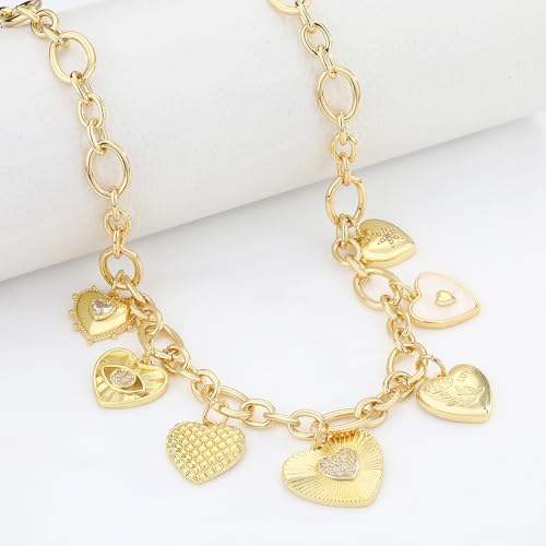 Charm Necklace for Women Gold Evil Eye Sun Moon Flower Coin Pendant Necklace Dainty Paperclip Chain Vintage Luck Amulet Choker Necklaces Celestial Jewelry Gift - style: 7 Charms- Heart,Evil Eyes