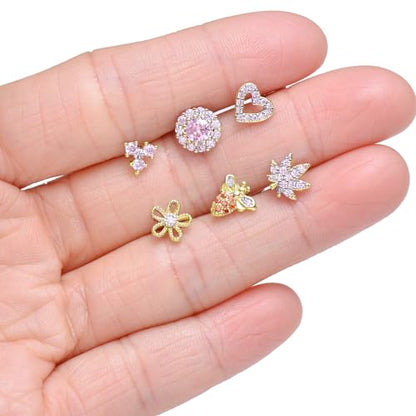 Tornito 16Pcs Nose Stud Rings L Screw Shaped Nose Ring Flower Snake Butterfly Heart Eye CZ Dangle Nose Rings Stud Body Piercing Jewelry for Women Men 20G Silver Pink Tone - color: E:Pink CZ(L Shaped)