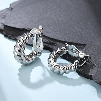 Clip on Earrings Women, 14K Gold Hoop Clip-On Earrings for Women, Hypoallergenic Non Pierced Croissant Earrings - color: Silver Croissant Hoop