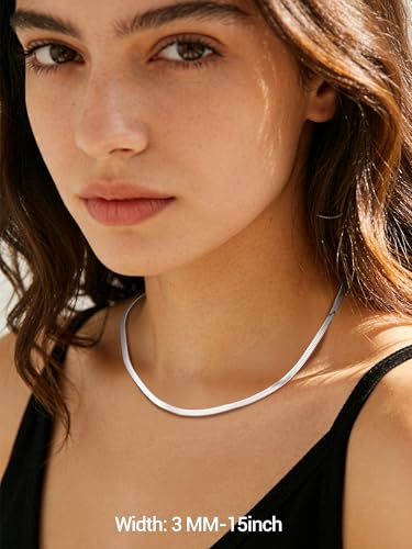 PROSTEEL 3mm/5mm Herringbone Choker Necklace for Women, 12.5"/15"/18", Stainless Steel/Sterling Silver Flat Snake Chain in Silver/Yellow Gold/Rose Gold/Black, Come with Box - color: 3mm-925 Sterling Silver, size: 15 Inch
