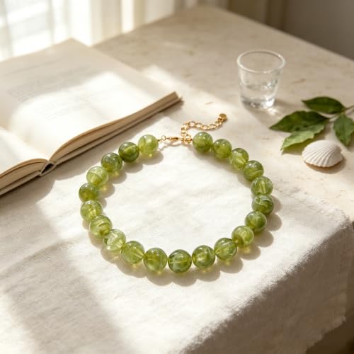 Chunky Necklaces for Women Trendy 20MM Large Resin Beaded Necklace Bold Statement Chunky Choker Necklace Boho Beads Summer Beach Jewelry - color: Olive Green
