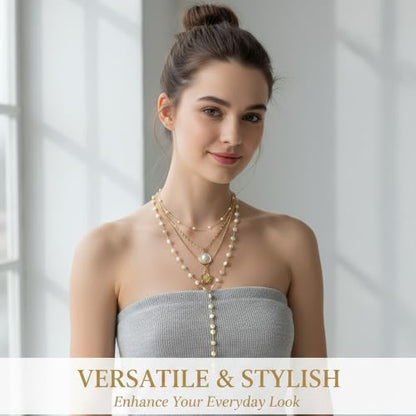 Gold-plating Necklaces for Women, Pearl Seashell Flower Pendant Necklace, Boho Lariat Long Necklace Set, Trendy Summer Beach Jewelry - color: Gold 1