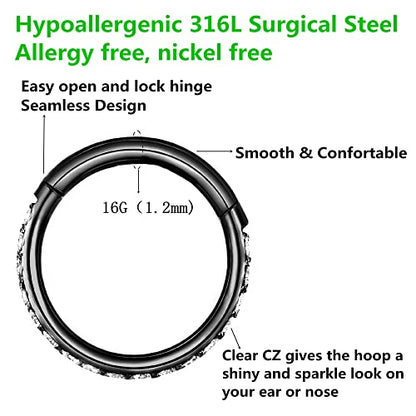 Clear CZ Nose Rings & Earrings - 316L Surgical Steel - Cartilage, Conch, Daith, Helix, Rook, Tragus, Lobe & Snug Body Piercing Jewelry - 20G, 18G - color: Black, size: 1pc 16 Gauge 9mm