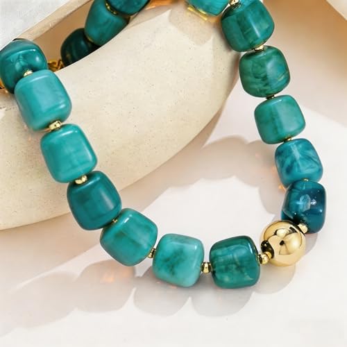 Colorful Statement Chunky Beaded Necklace for Women Trendy Y2K Boho Choker | Large Square Resin Beads Bold Summer Vacation Jewelry - color: Turquoise