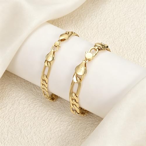 Gold Bracelets for Women & Men 14k Gold Figaro Chain Bracelet Trendy Gold Chain Dainty Chunky Charm Bracelet Statement Unisex Ewelry Gifts 6mm/8mm - size: 6mm