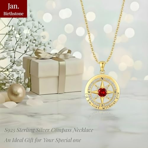 Compass Necklace for Women Wife Girlfriend Mom Daughter Gifts | S925 Silver Jewelry For Anniversary 18K Rose Gold Gifts For Birthday Christmas Mothers Valentines Day 12 Birthstones - style: 01-January-Gold