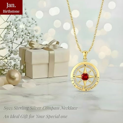 Compass Necklace for Women Wife Girlfriend Mom Daughter Gifts | S925 Silver Jewelry For Anniversary 18K Rose Gold Gifts For Birthday Christmas Mothers Valentines Day 12 Birthstones - style: 01-January-Gold