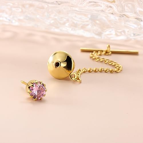 HAWSON Mens Tie Tack with Chain Round Crystal Wedding Business Accessories - color: Gold + Light Rose