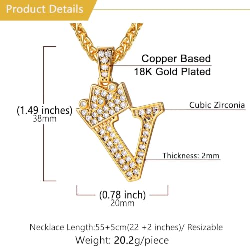 U7 Crown Initial Necklace Men Women, Bling Diamond A-Z 0-9 Letter Pendant with Wheat Chain, Silver/Black/Gold Plated CZ Alphabet Number Hip Hop Jersery for Father Husband - color: a. Gold, size: 22. V