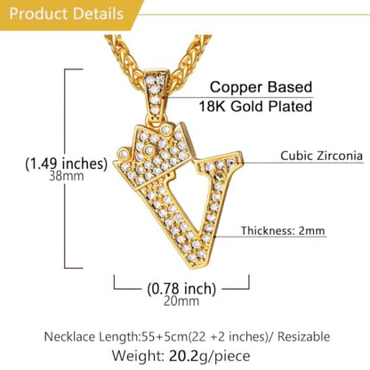 U7 Crown Initial Necklace Men Women, Bling Diamond A-Z 0-9 Letter Pendant with Wheat Chain, Silver/Black/Gold Plated CZ Alphabet Number Hip Hop Jersery for Father Husband - color: a. Gold, size: 22. V