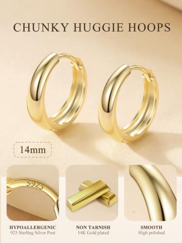 Bestyle Gold Huggies Earrings for Women Hypoallergenic 925 Sterling Silver Post Huggie Hoop Earrings Thick Lightweight Small Hoop Earrings 8/10/12/14mm - color: Gold, size: 14mm