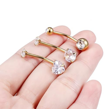 Belly Button Rings Surgical Steel Internally Threaded Belly Button Ring 10MM/12MM/14MM/16MM Navel Rings for Women Clear CZ 14G Long Bar Navel Piercing Jewelry - color: goldtone, size: 16mm bar length