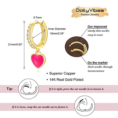 DAILY VIBES Cute Gold Mini Dangle Huggie Hoop Earrings for Women Trendy | 14K Gold Plated, Dainty Cubic Zirconia, Small Hoop Earrings with Charm Drop, Jewelry Gift for Women Ladies - color: Pink Heart CZ