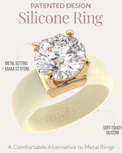 Rinfit Silicone Ring with Stone, Round Cut CZ | AAAAA Grade Cubic Zirconia, Solitaire Engagement Ring for Her, Flexible Rubber Wedding Band for Women, Patented Design - color: Pack H: Light Yellow / Gold
