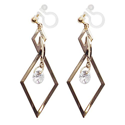 Drop Cubic Zirconia Invisible Clip On Earrings for Women Not Pierced Gold Teardrop Sqaure CZ Crystal Dangle Gold Silver Comfortable Clip On Earrings Bridal Wedding Prom - color: Diamond Gold