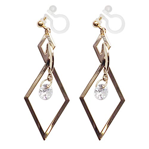 Drop Cubic Zirconia Invisible Clip On Earrings for Women Not Pierced Gold Teardrop Sqaure CZ Crystal Dangle Gold Silver Comfortable Clip On Earrings Bridal Wedding Prom - color: Diamond Gold