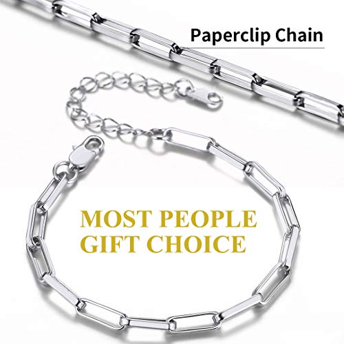 ChainsHouse Stainless Steel Herringbone Flat Chain Bracelets for Women,18K Gold/Rose Gold/Black Metal Paperclip/Snake/Cuban/Figaro Sterling Silver Link Charm Bracelet, 16+5cm Adjustable, With Gift Box - color: a. paperclip-platinum(hot!!!)