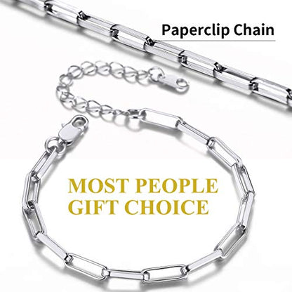ChainsHouse Stainless Steel Herringbone Flat Chain Bracelets for Women,18K Gold/Rose Gold/Black Metal Paperclip/Snake/Cuban/Figaro Sterling Silver Link Charm Bracelet, 16+5cm Adjustable, With Gift Box - color: a. paperclip-platinum(hot!!!)