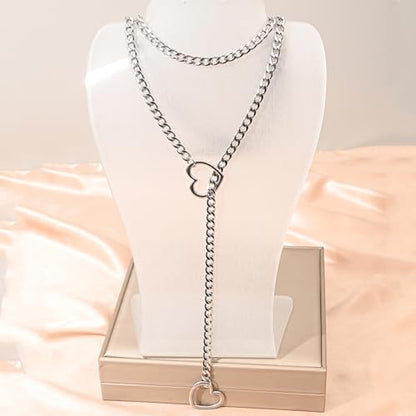 Leather Choker Slip Chain Necklace Stainless Steel Cuban Link Long Necklaces Gothic Punk Heart Chain Necklace Handmade Collars for Women - color: Black+Silver