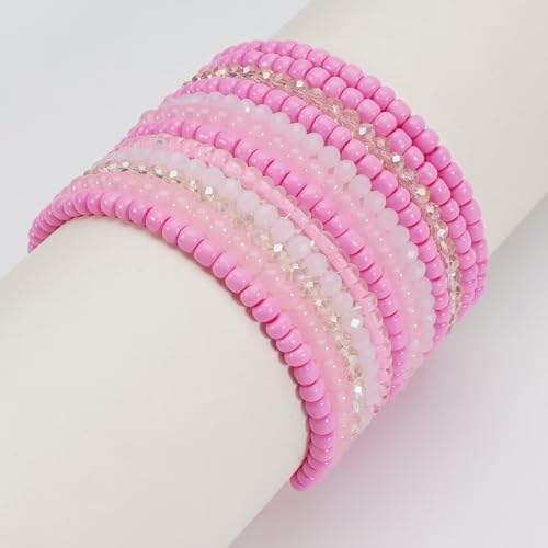 Bohemian Multilayer Beaded Stackable Stretch Bracelets for Women Colorful Crystal Glass Resin Seed Beads Elastic Wristbands BFF Friendship Summer Beach Hawaii Jewelry - color: Pink