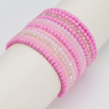 Bohemian Multilayer Beaded Stackable Stretch Bracelets for Women Colorful Crystal Glass Resin Seed Beads Elastic Wristbands BFF Friendship Summer Beach Hawaii Jewelry - color: Pink