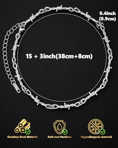 Stainless Steel Gothic Y2K Punk Rock Emo Biker Pendant Necklace | Cosplay Vintage Viking Alt Edgy Fashion Charm Necklace Jewelry for Men Women Active Daily Wear - style: Barbed Wire Necklace Bracelet(No cross)