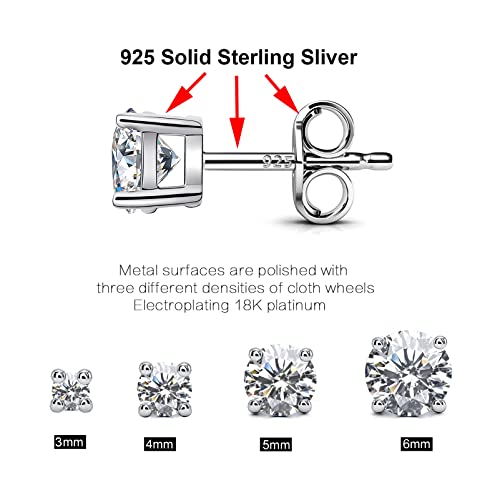 925 Sterling Silver Earrings, Cubic Zirconia Stud Earrings, Diamond Stud Earrings for Women - color: 925 Sterling Silver3mm,4mm, 5mm, 6mm