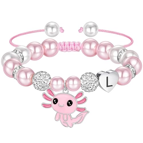 Ritach Graduation Gift fo Her - Cute Axolotl Heart Initial Bracelet CZ Rhinestone Beads and Pink White Pearl Bracelets for Girls Teen Kids Axolotl Graduation Gift for Her Girls Kids Axolotl Lovers - style: L