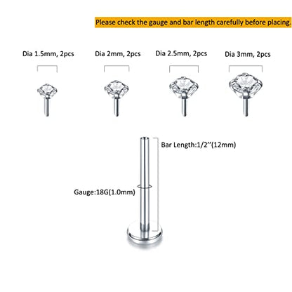 Oveta Threadless Push in Lip Rings 16G/18G/20G Labret Jewelry CZ Lip Studs Stainless Steel Cartilage Earrings for Women Monroe Medusa Piercing Jewelry 6/7/8/10/12mm Bar Length - color: Silver, size: 18G*12mm bar*1.5/2/2.5/3mm cz