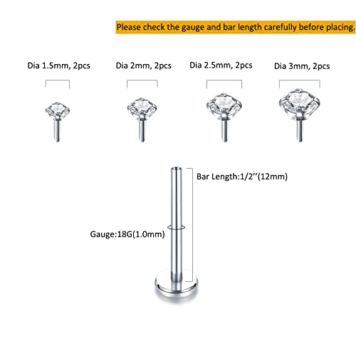 Oveta Threadless Push in Lip Rings 16G/18G/20G Labret Jewelry CZ Lip Studs Stainless Steel Cartilage Earrings for Women Monroe Medusa Piercing Jewelry 6/7/8/10/12mm Bar Length - color: Silver, size: 18G*12mm bar*1.5/2/2.5/3mm cz