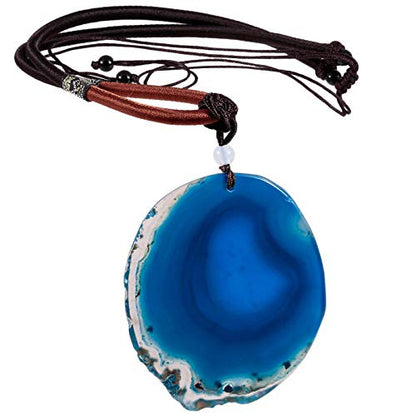 SUNYIK Natural Agate Slice Pendant Necklace for Women Men | Irregular Agate Slice Druzy Geode Pendant Necklace, Adjustable Nylon Rope 17"-29", Boho Healing Crystal Jewelry for Unisex - color: Blue