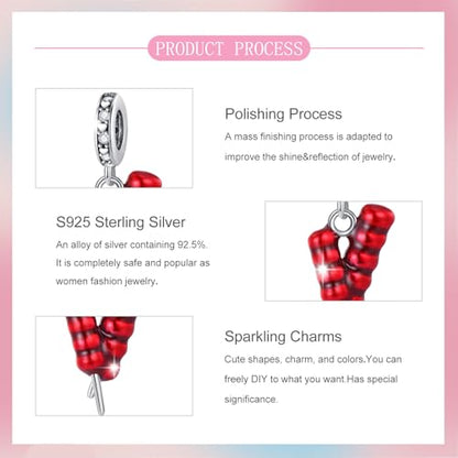 S925 Sterling Silver Cute Bead Charm for Pandora Bracelets and Necklaces | Lucky Clover Cute Animal Pink Bow Cherry Butterfly Pendant Bead Charms Jewelry Making Gifts for Women Valentines Mother's Day - style: Bingtanghulu pendant