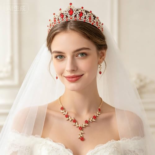 Kamirola Tiaras and Crowns for Women,Tiaras Earrings Necklace, Crystal Bridal Jewelry Set, Costume Party Halloween Prom Pageant Jewelry for Women(TR45) - color: Gold Red