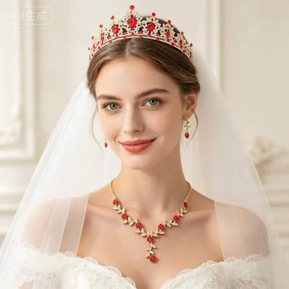 Kamirola Tiaras and Crowns for Women,Tiaras Earrings Necklace, Crystal Bridal Jewelry Set, Costume Party Halloween Prom Pageant Jewelry for Women(TR45) - color: Gold Red