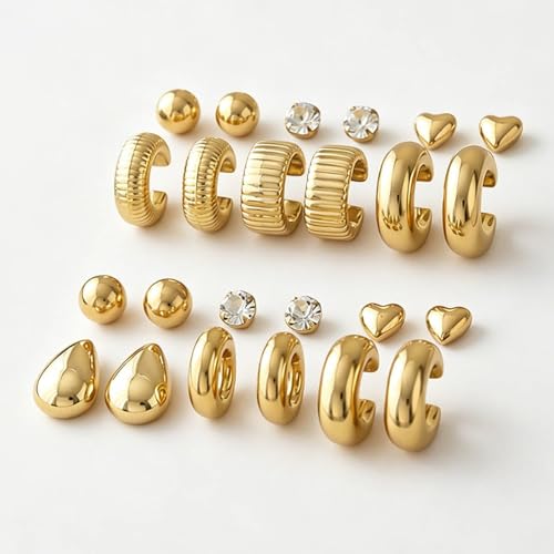 12-24pcs Handmade Crystal Heart CZ Earrings Pack Chunky Gold Earrings for Women Drop Stainless Steel Earrings Set - color: VC003/24p/Gold