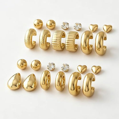 12-24pcs Handmade Crystal Heart CZ Earrings Pack Chunky Gold Earrings for Women Drop Stainless Steel Earrings Set - color: VC003/24p/Gold