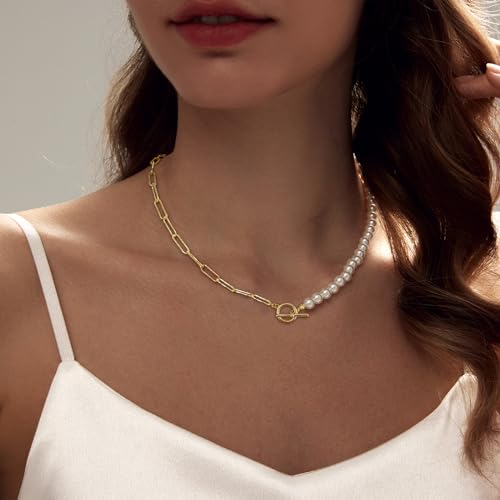 Zeffy Pearl Necklace 4MM/6MM/8MM Dainty Round Imitation Pearl Choker Necklace Wedding Pearl Necklace Delicate Jewelry for Women Simple Bridesmaid Jewelry Gifts - style: 6mm Gold Pearl Paperclip Necklace(17")