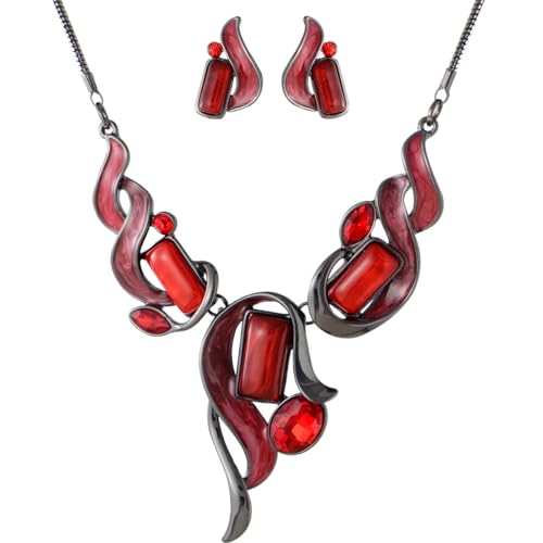Chunky Statement Jewelry Set Vintage Retro Leaf Flower Floral Geometric Bohemian Boho Bib Necklace Earring Set Fashion Costume Jewelry for Women Girls Wedding Party Prom Unique Gift - style: Rectangle-red