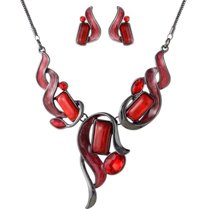 Chunky Statement Jewelry Set Vintage Retro Leaf Flower Floral Geometric Bohemian Boho Bib Necklace Earring Set Fashion Costume Jewelry for Women Girls Wedding Party Prom Unique Gift - style: Rectangle-red